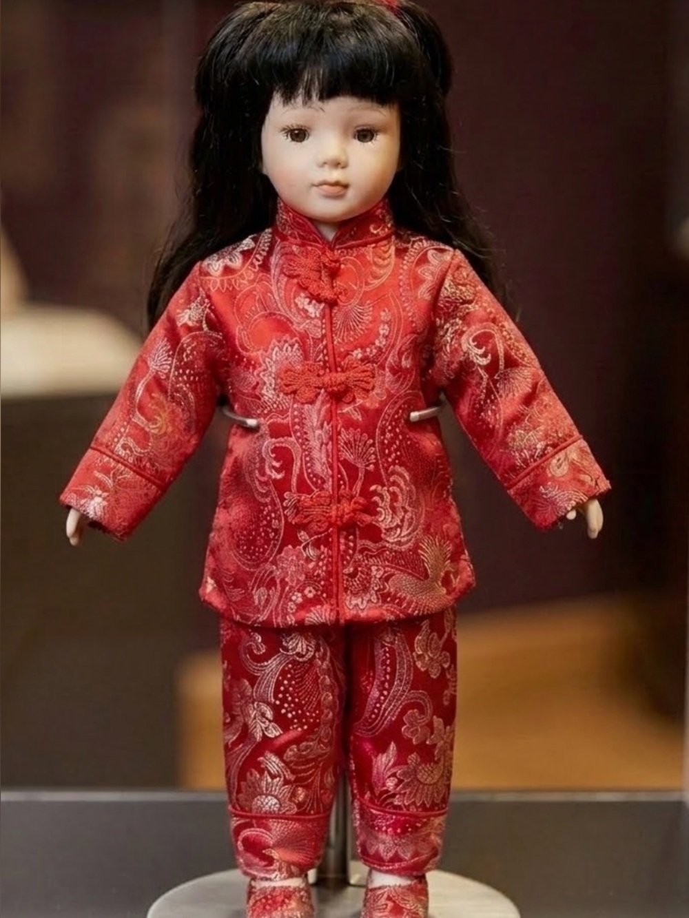 Porcelain Traditional Asian Doll in Red Brocade